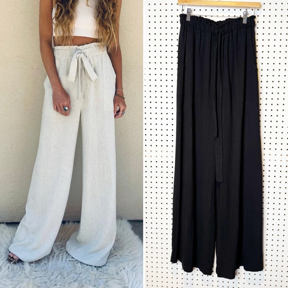 TYSA Designs | Travel Pants in Black — Linen, Wide Leg, Elastic Drawstring Waist